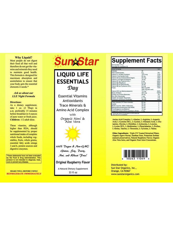 sun star organics فيتامينات متعددة سائلة مع نوني وألوة فيرا محلاة بنكتار الأغاف 33 أونصة سائلة فيتامينات أساسية A B C E و D مضادات الأكسدة معادن نادرة ومركب أحماض أمينية - Image 1