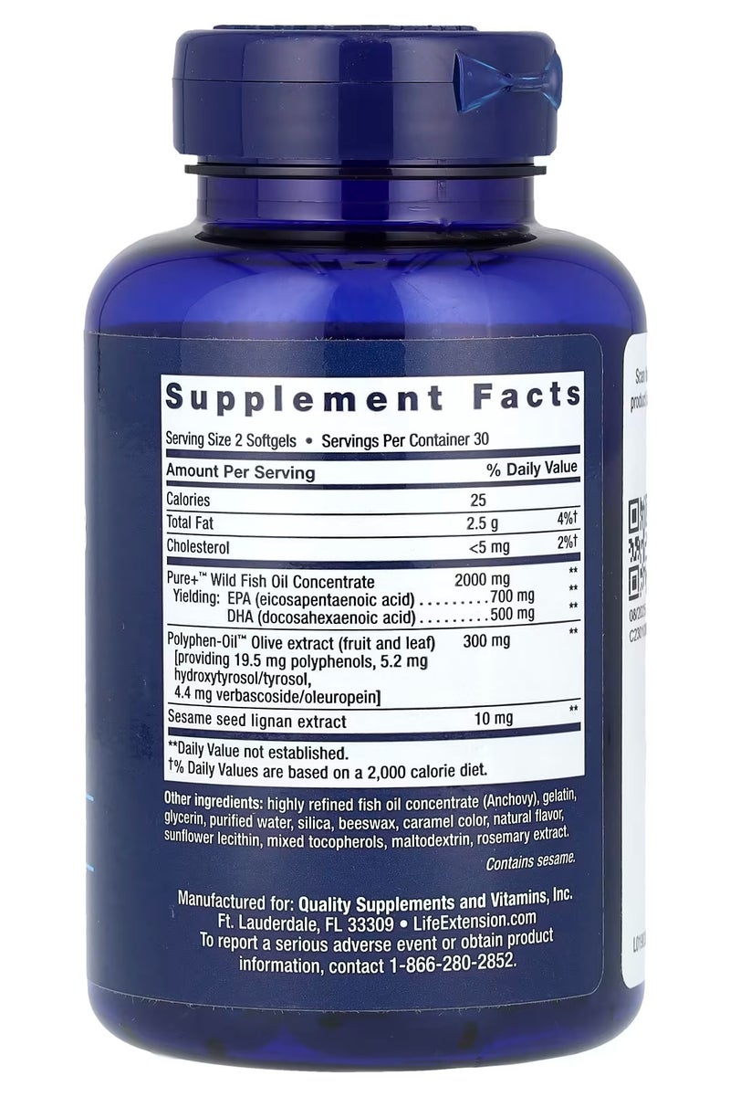 Life Extension Super Omega-3, EPA/DHA Fish Oil, Sesame Lignans & Olive Extract, 60 Softgels - Image 2
