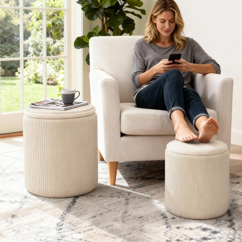 CAROLMADE Set of 2 Round Ottoman with Storage, Upholstered Vanity Stool Support 330lbs Multifunctional Coffee Table Ottoman Velvet Foot Rest Stool or Living Room Bedroom Dorm (Beige) - Image 2