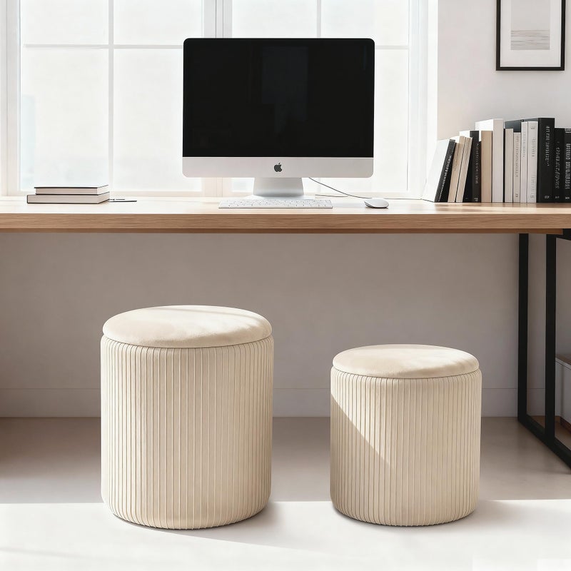 CAROLMADE Set of 2 Round Ottoman with Storage, Upholstered Vanity Stool Support 330lbs Multifunctional Coffee Table Ottoman Velvet Foot Rest Stool or Living Room Bedroom Dorm (Beige) - Image 5
