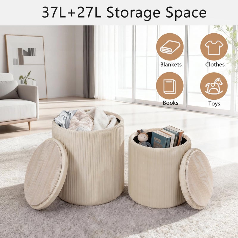 CAROLMADE Set of 2 Round Ottoman with Storage, Upholstered Vanity Stool Support 330lbs Multifunctional Coffee Table Ottoman Velvet Foot Rest Stool or Living Room Bedroom Dorm (Beige) - Image 4