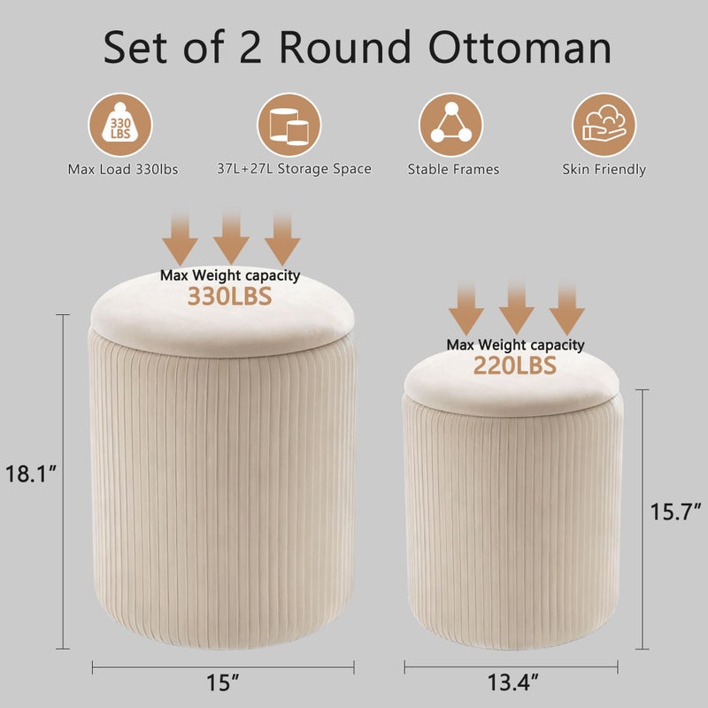 CAROLMADE Set of 2 Round Ottoman with Storage, Upholstered Vanity Stool Support 330lbs Multifunctional Coffee Table Ottoman Velvet Foot Rest Stool or Living Room Bedroom Dorm (Beige) - Image 3