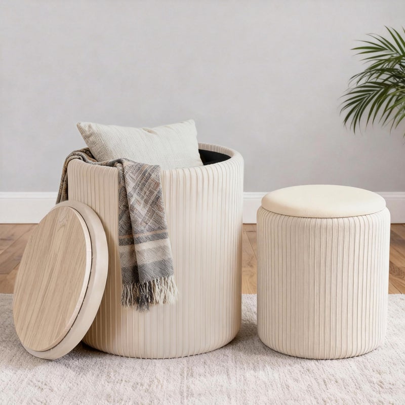CAROLMADE Set of 2 Round Ottoman with Storage, Upholstered Vanity Stool Support 330lbs Multifunctional Coffee Table Ottoman Velvet Foot Rest Stool or Living Room Bedroom Dorm (Beige) - Image 1
