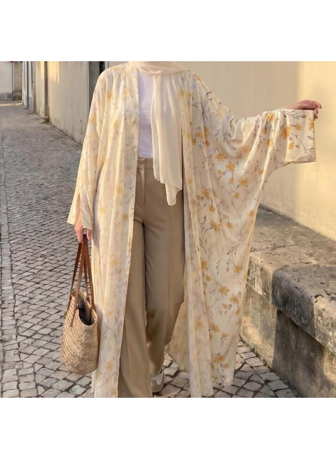 Women Floral Print Open Abaya Set, Flared Long Sleeve Modest Long Kimono Outerwear with Matching Hijab - Image 1