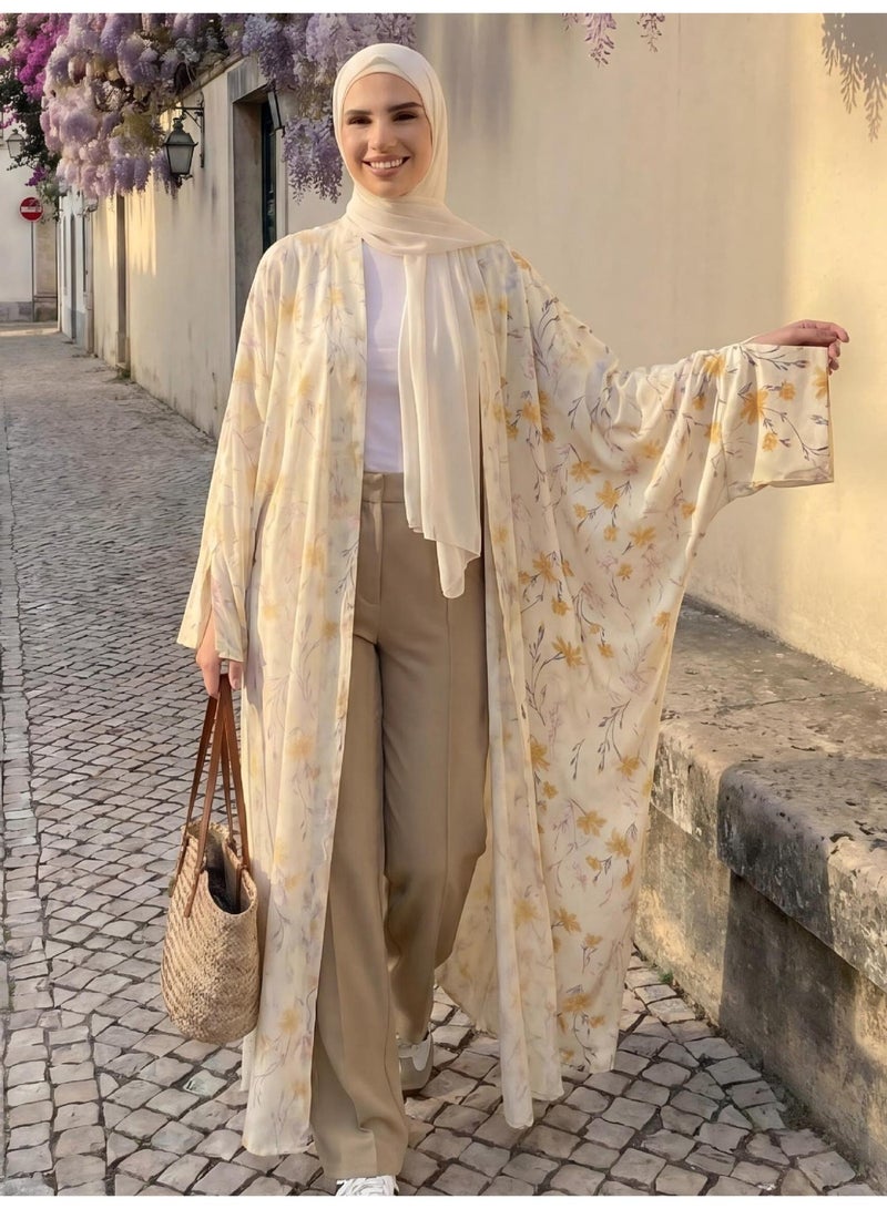 Women Floral Print Open Abaya Set, Flared Long Sleeve Modest Long Kimono Outerwear with Matching Hijab - Image 5