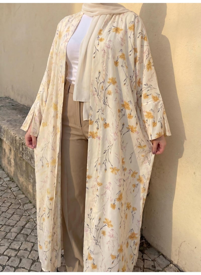 Women Floral Print Open Abaya Set, Flared Long Sleeve Modest Long Kimono Outerwear with Matching Hijab - Image 2