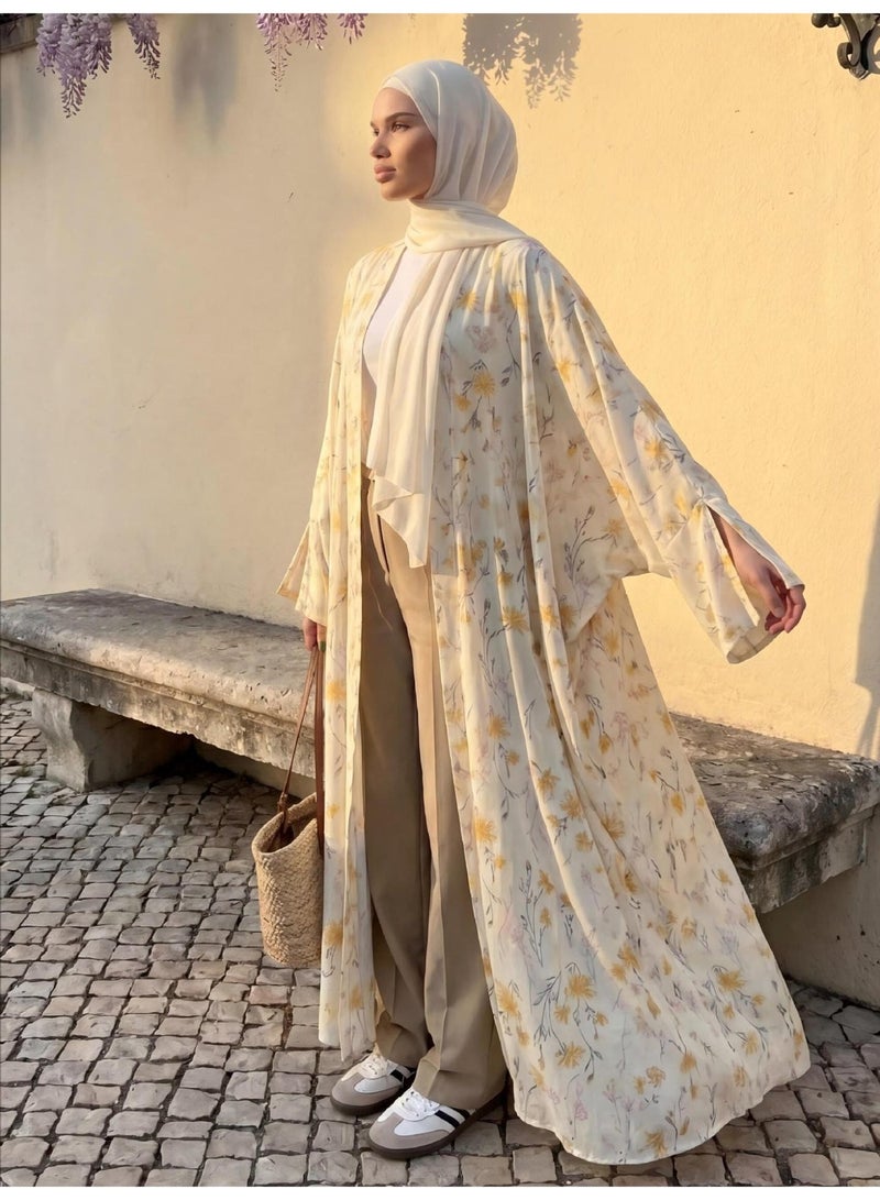 Women Floral Print Open Abaya Set, Flared Long Sleeve Modest Long Kimono Outerwear with Matching Hijab - Image 4