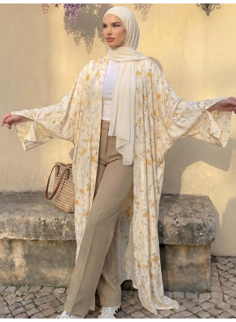 Women Floral Print Open Abaya Set, Flared Long Sleeve Modest Long Kimono Outerwear with Matching Hijab - Image 3