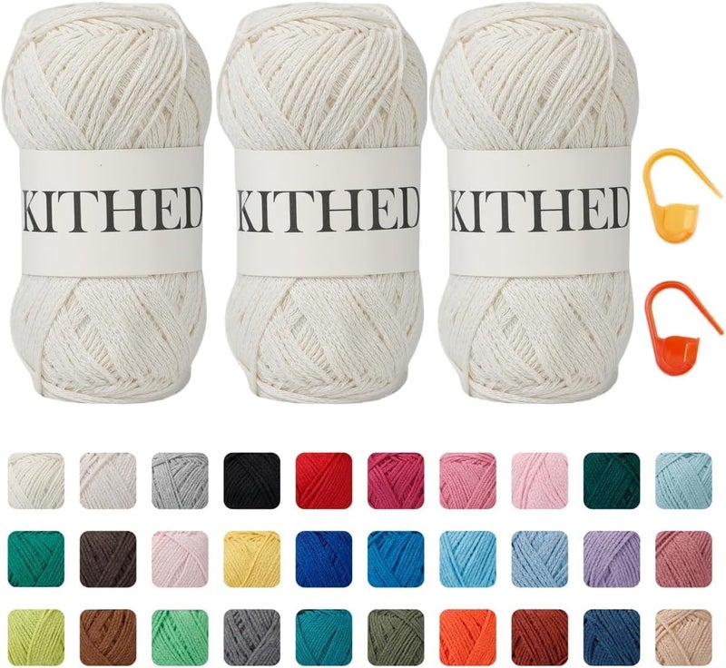 KITHED Cotton Chainette Yarn,4 Medium (Worsted)-10oz,3 Pack,Knitting Yarn for Beginners,Thicker for Crocheting and Knitting (01 Milk White) - Image 1