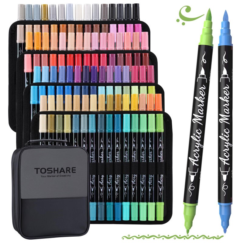 TOSHARE 120 Colors Acrylic Paint Markers Waterproof Dual Tip Acrylic Paint Pens with Brush & Fine Tip Professional Marker Set Scrapbook Markers for Paper Rock Wood Fabric Glass Ceramic and DIY Crafts - Image 1