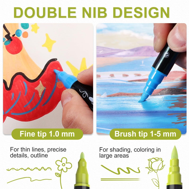 TOSHARE 120 Colors Acrylic Paint Markers Waterproof Dual Tip Acrylic Paint Pens with Brush & Fine Tip Professional Marker Set Scrapbook Markers for Paper Rock Wood Fabric Glass Ceramic and DIY Crafts - Image 3