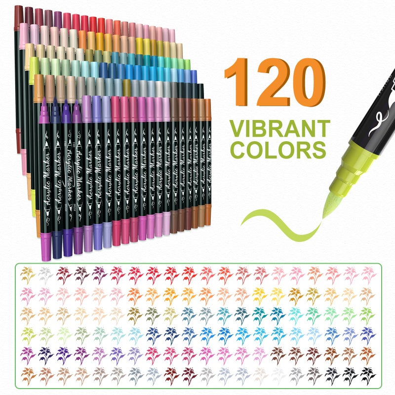 TOSHARE 120 Colors Acrylic Paint Markers Waterproof Dual Tip Acrylic Paint Pens with Brush & Fine Tip Professional Marker Set Scrapbook Markers for Paper Rock Wood Fabric Glass Ceramic and DIY Crafts - Image 2