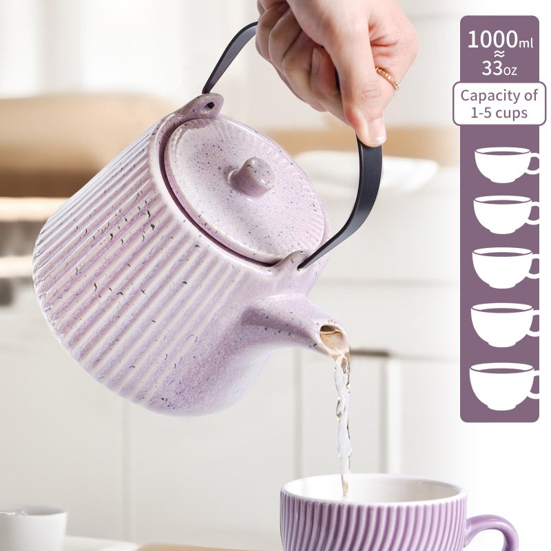 Yundu Purple Ceramic Teapots, 1000ml/33.8oz Tea Kettle, Enough for 4 Cups, Tea pot with infusers for loose tea, Striped Tea Pot with Removable Tea infuser - Image 2