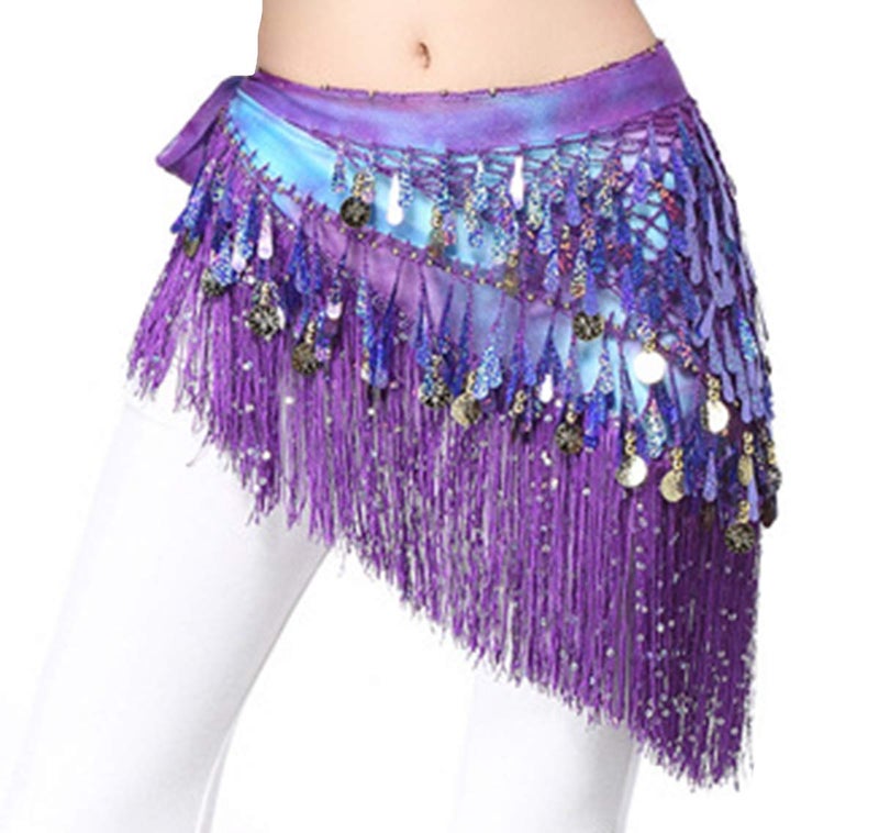 Lauthen.S Belly Dance Hip Scarf with Tassels Sequins, Triangle Coins Wrap Skirt Music Festival Clothing Purle - Image 2