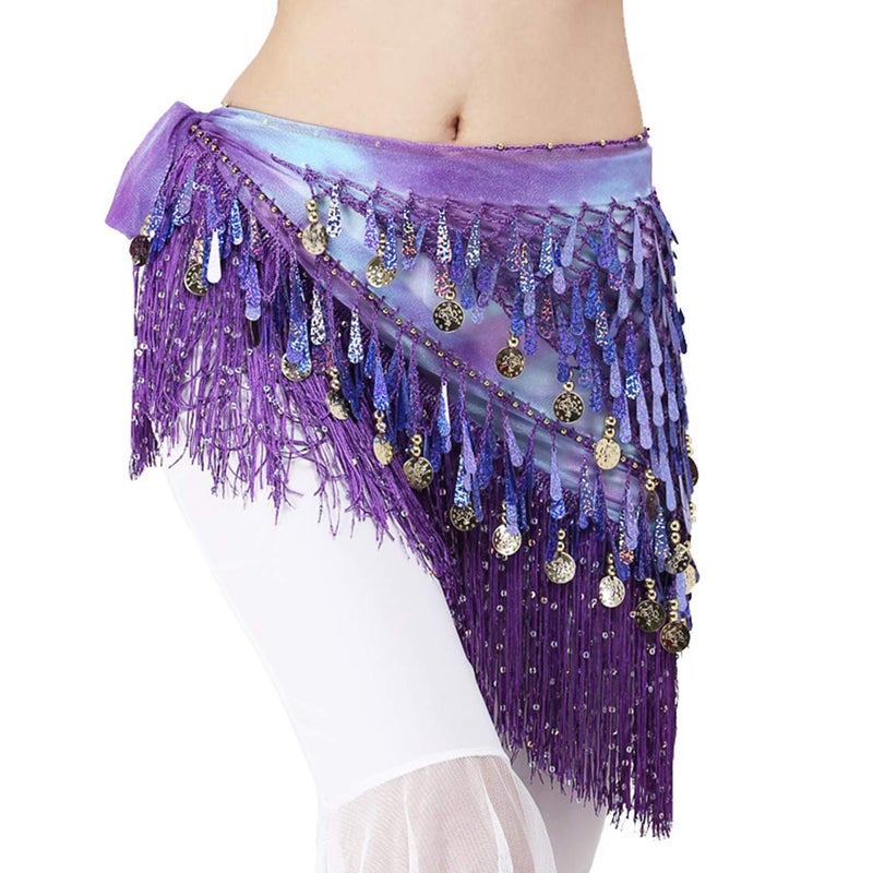 Lauthen.S Belly Dance Hip Scarf with Tassels Sequins, Triangle Coins Wrap Skirt Music Festival Clothing Purle - Image 1