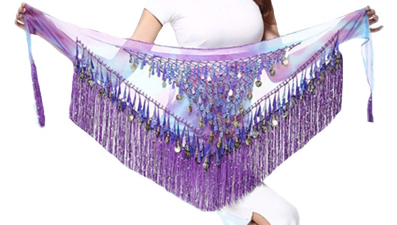 Lauthen.S Belly Dance Hip Scarf with Tassels Sequins, Triangle Coins Wrap Skirt Music Festival Clothing Purle - Image 4