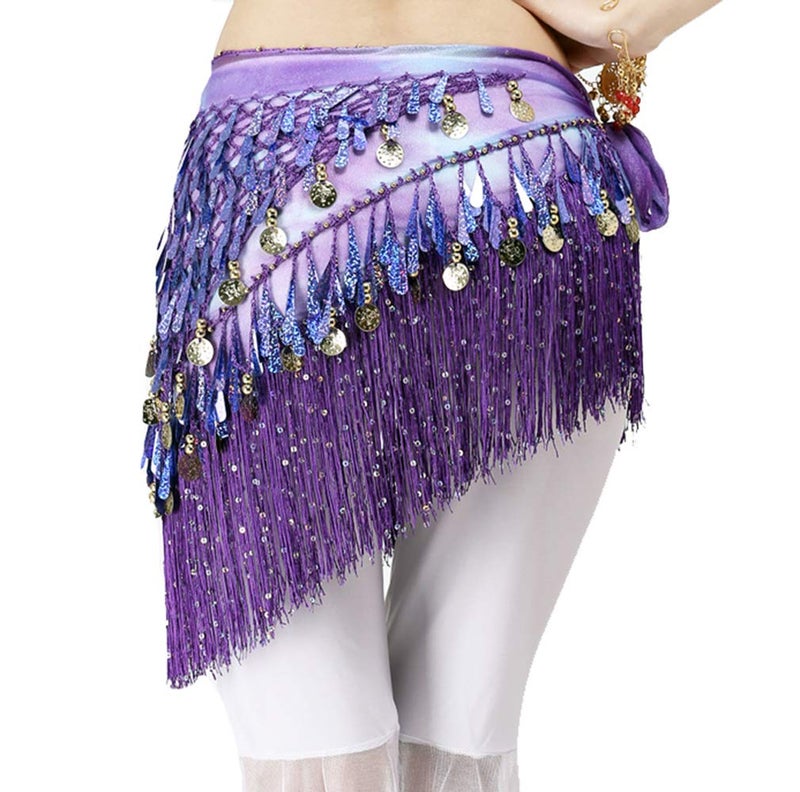 Lauthen.S Belly Dance Hip Scarf with Tassels Sequins, Triangle Coins Wrap Skirt Music Festival Clothing Purle - Image 3