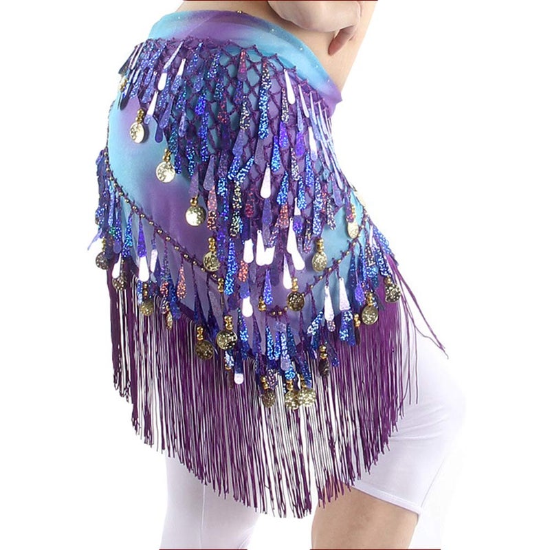 Lauthen.S Belly Dance Hip Scarf with Tassels Sequins, Triangle Coins Wrap Skirt Music Festival Clothing Purle - Image 5