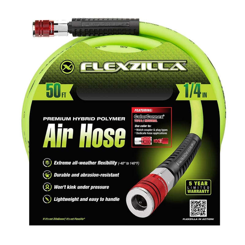 Flexzilla Air Hose with ColorConnex Industrial Type D Coupler and Plug, 1/4 in. x 50 ft., Heavy Duty, Lightweight, Hybrid, ZillaGreen - HFZ1450YW2-D - Image 2