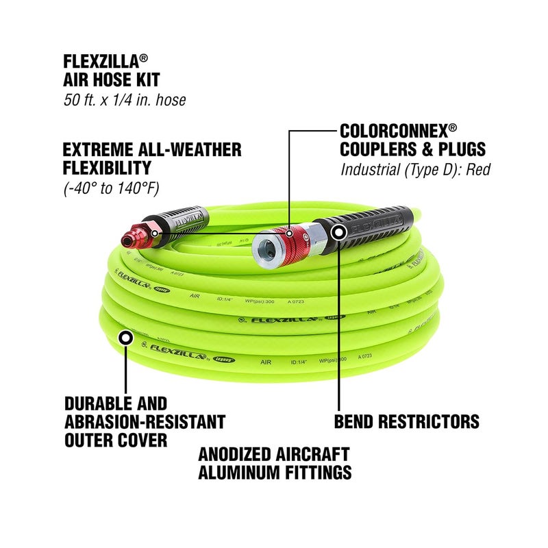 Flexzilla Air Hose with ColorConnex Industrial Type D Coupler and Plug, 1/4 in. x 50 ft., Heavy Duty, Lightweight, Hybrid, ZillaGreen - HFZ1450YW2-D - Image 3