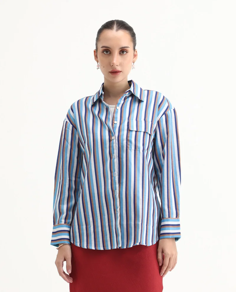 Rareism Women's Cuffed Sleeves Narrow Stripes Shirt