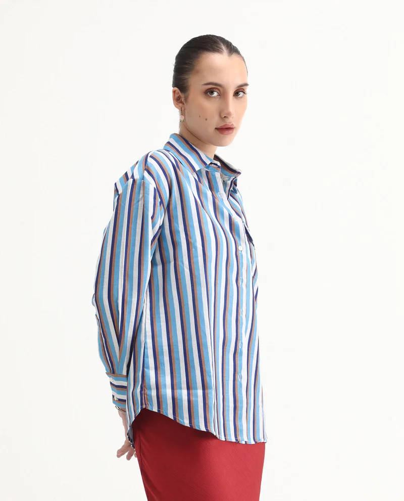 Rareism Women's Cuffed Sleeves Narrow Stripes Shirt