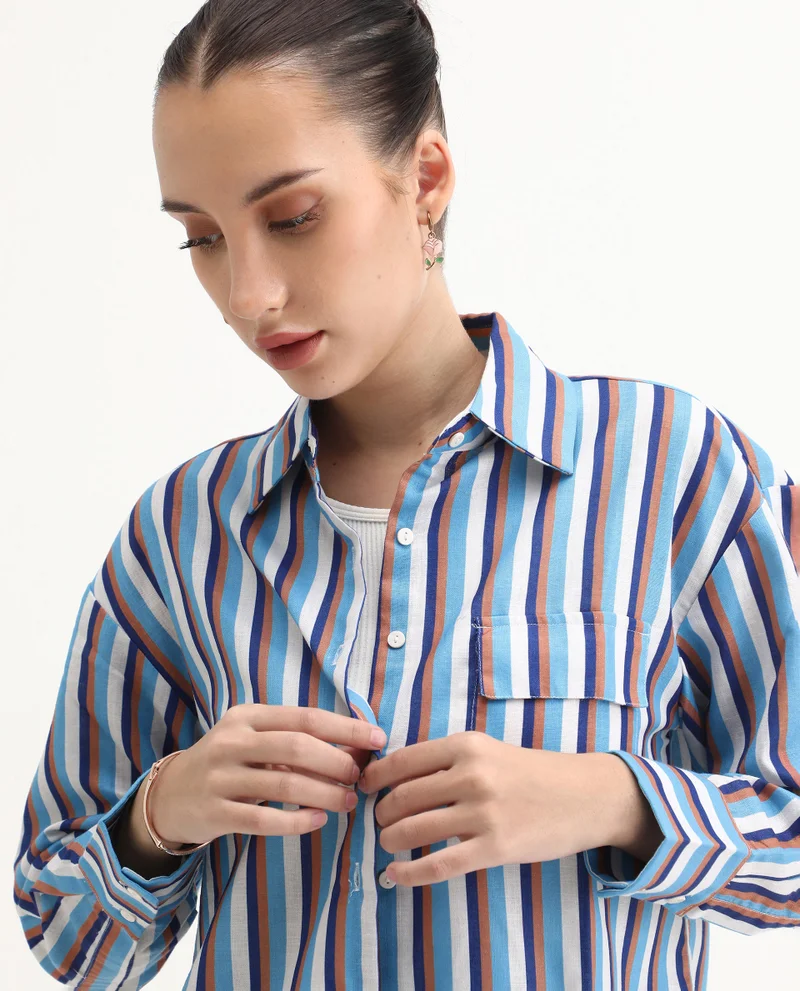 Rareism Women's Cuffed Sleeves Narrow Stripes Shirt