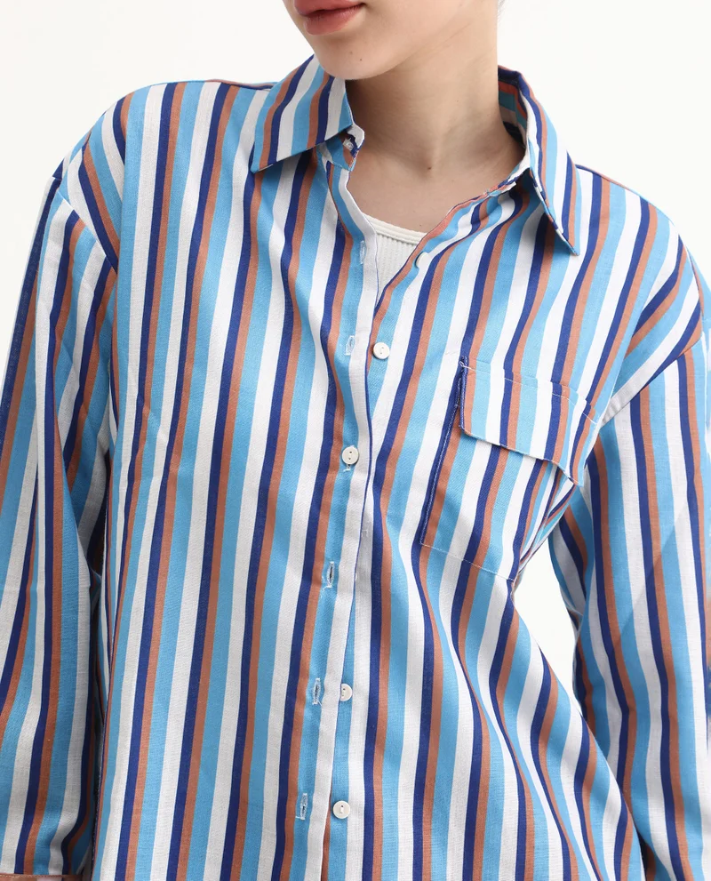 Rareism Women's Cuffed Sleeves Narrow Stripes Shirt