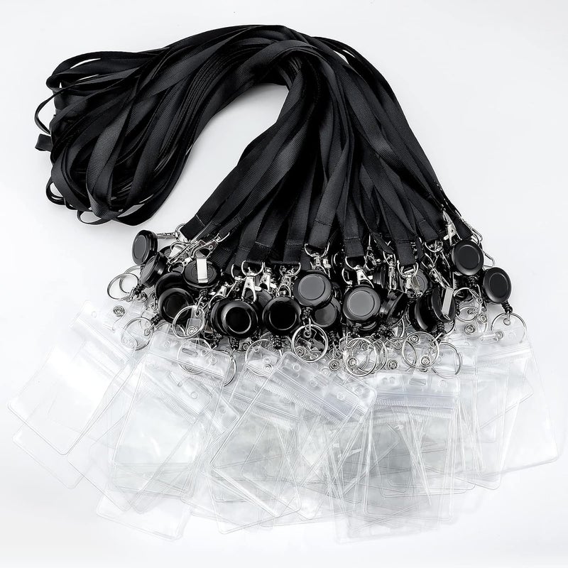 Woanger 50 Sets Black Lanyards with Retractable Reel Solid Color Black Lanyards Bulk Retractable with Vertical PVC Name Badge Holders - Image 2