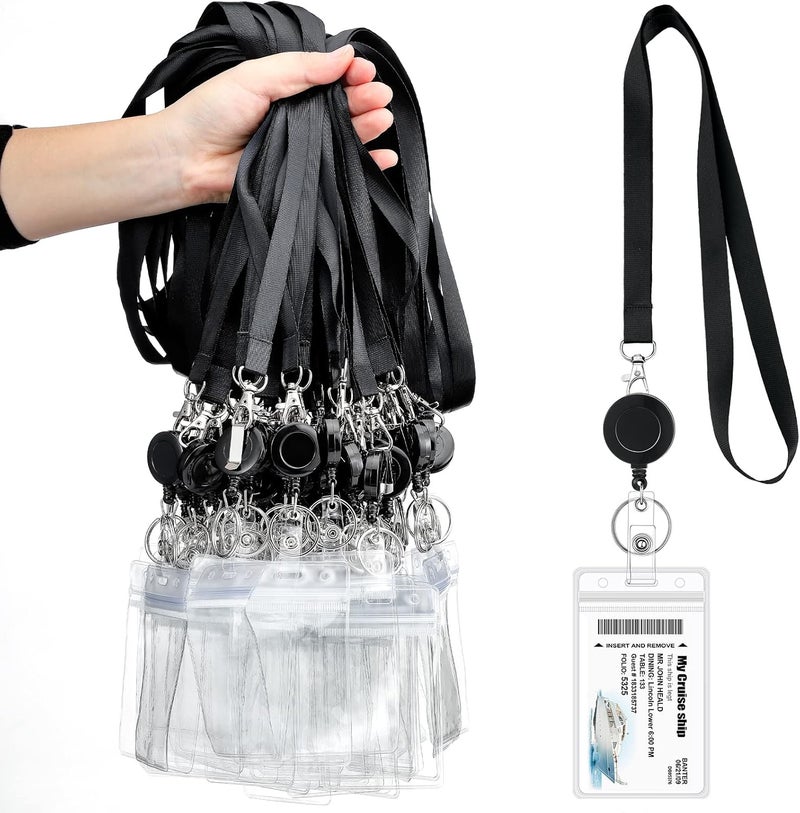 Woanger 50 Sets Black Lanyards with Retractable Reel Solid Color Black Lanyards Bulk Retractable with Vertical PVC Name Badge Holders - Image 1
