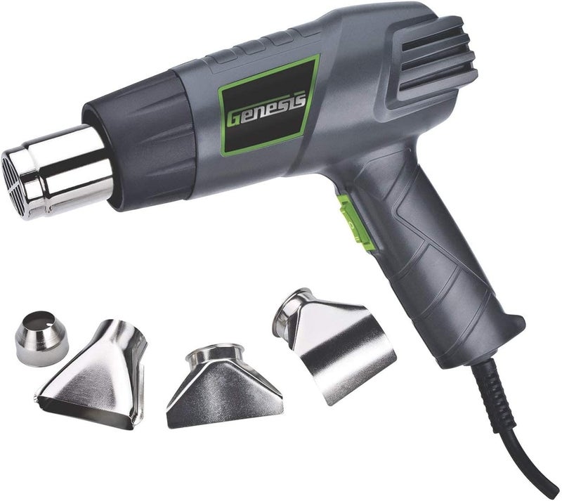 GENESIS GHG1500A Dual Temperature Heat Gun Kit With Fast Heat High And Low Settings 572F/1000F, Air Reduction Nozzle, Reflector Nozzle, And Two Deflector Nozzles with 2 Year Warranty - Image 1