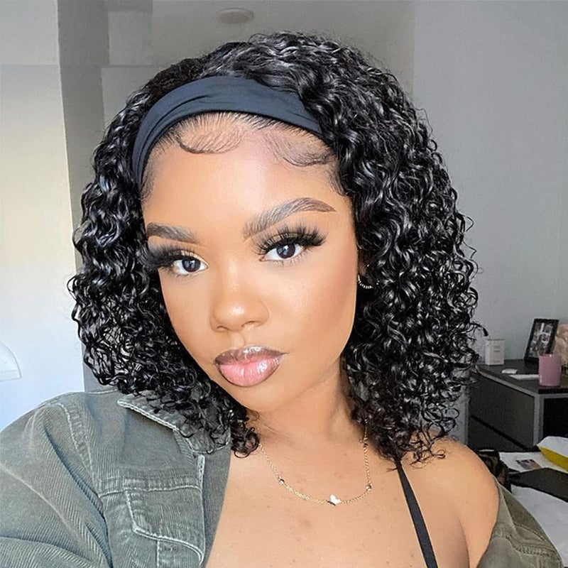 AISI 12 Inch Headband Wig Human Hair Curly Wave Headband Wigs for Black Women Brazilian None Lace Front Wigs Glueless Deep Wave Human Hair Natural Black Headband Wig (150% Density