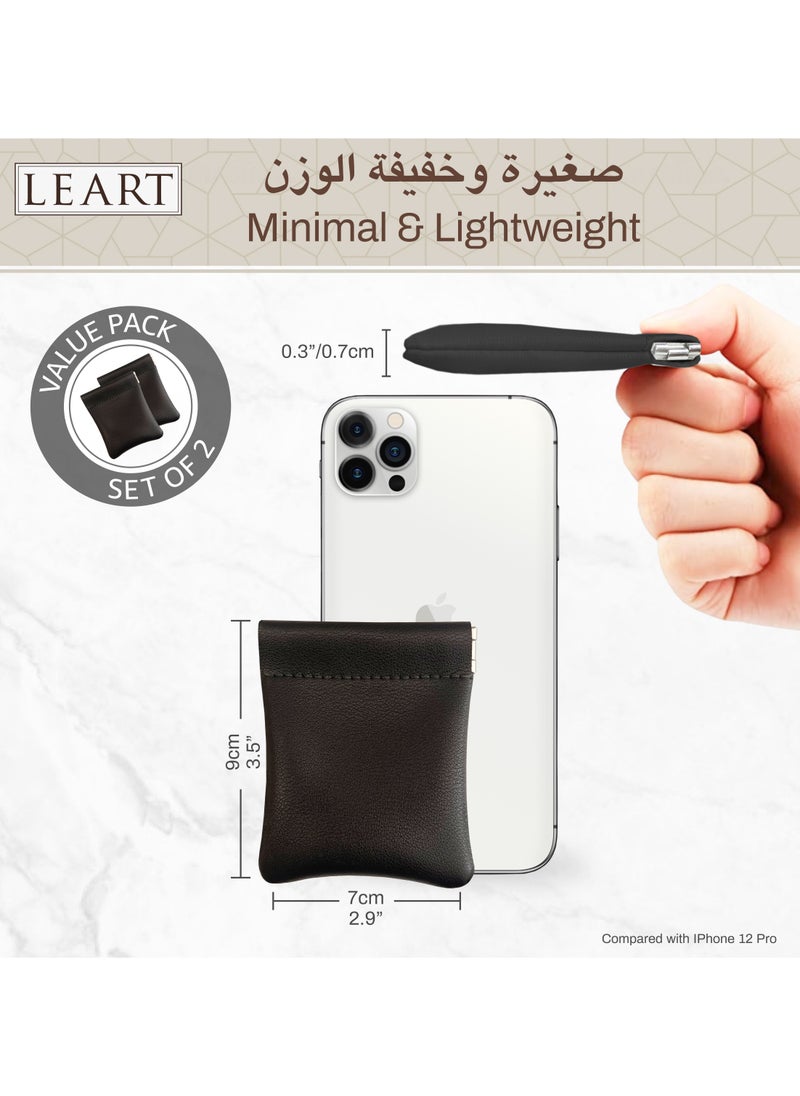 LeArt - Leather Squeeze Coin Pouch for Men & Women | Coin Purse | Coin Holder | For Coins, Keys, Earphones, Cards, AirPods, Rosary | Great Gifting Option (Black | Set of 2) - Image 1