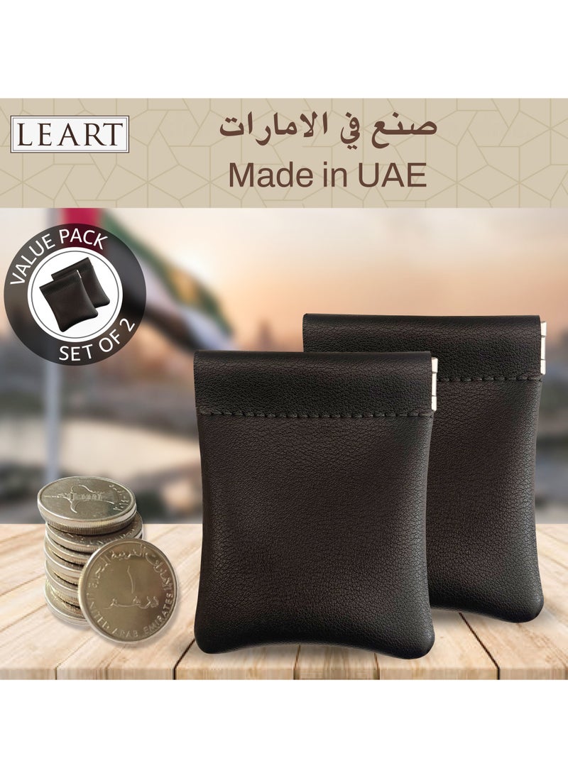LeArt - Leather Squeeze Coin Pouch for Men & Women | Coin Purse | Coin Holder | For Coins, Keys, Earphones, Cards, AirPods, Rosary | Great Gifting Option (Black | Set of 2) - Image 1