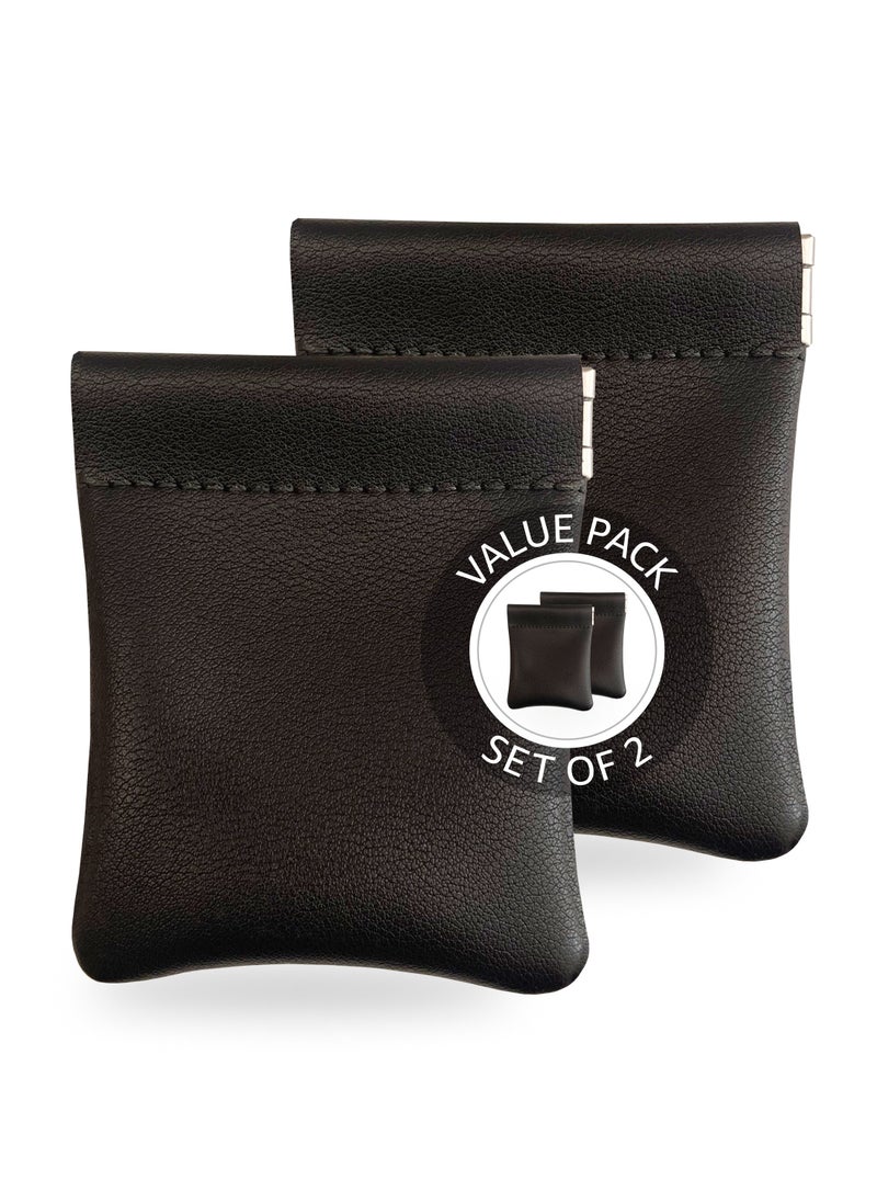 LeArt - Leather Squeeze Coin Pouch for Men & Women | Coin Purse | Coin Holder | For Coins, Keys, Earphones, Cards, AirPods, Rosary | Great Gifting Option (Black | Set of 2) - Image 1