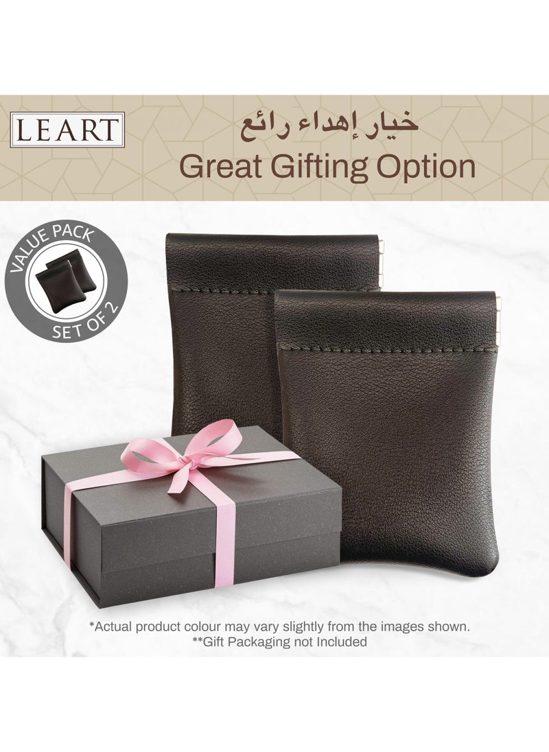 LeArt - Leather Squeeze Coin Pouch for Men & Women | Coin Purse | Coin Holder | For Coins, Keys, Earphones, Cards, AirPods, Rosary | Great Gifting Option (Black | Set of 2) - Image 1