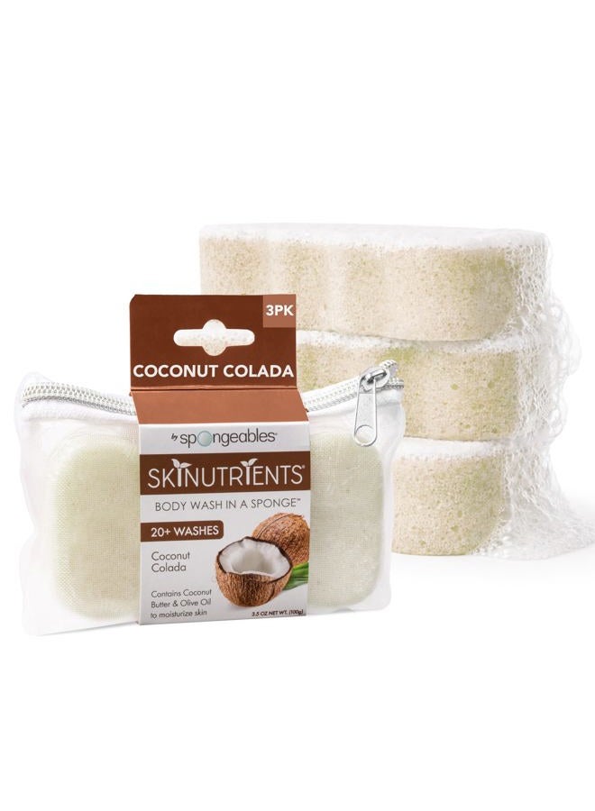 spongeables Skinutrients Body Wash in a Sponge, Coconut Colada, With Bonus Travel Bag, 20+ Washes, Pack of 3 - Image 1