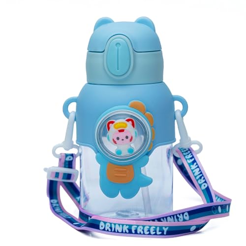 Veejet joyland 600ml Kids Sipper Water Bottle with Anti-Leak Cartoon Spacer |Spill-Proof, Durable for School,Travel, and Everyday Use with straw Drinking bottle | Gift for Birthday | Color : (Blue) - Image 1
