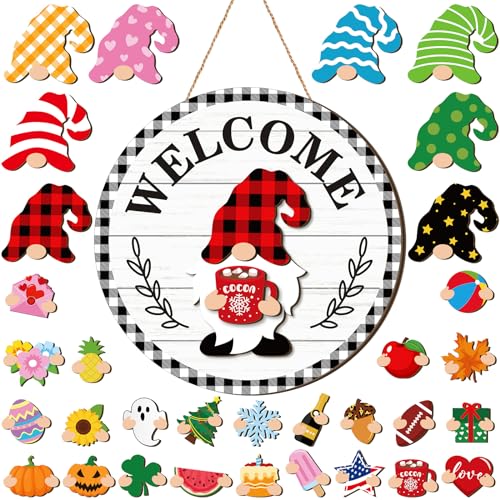 Qunclay Interchangeable Wooden Gnome Decor Holiday Seasonal Gnome Decorations with Magnet Pieces and Detachable Hats Changeable Welcome Sign for Home(Vivid Style) - Image 1