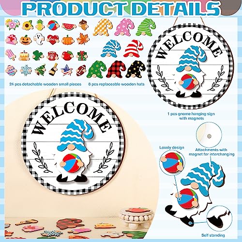 Qunclay Interchangeable Wooden Gnome Decor Holiday Seasonal Gnome Decorations with Magnet Pieces and Detachable Hats Changeable Welcome Sign for Home(Vivid Style) - Image 4