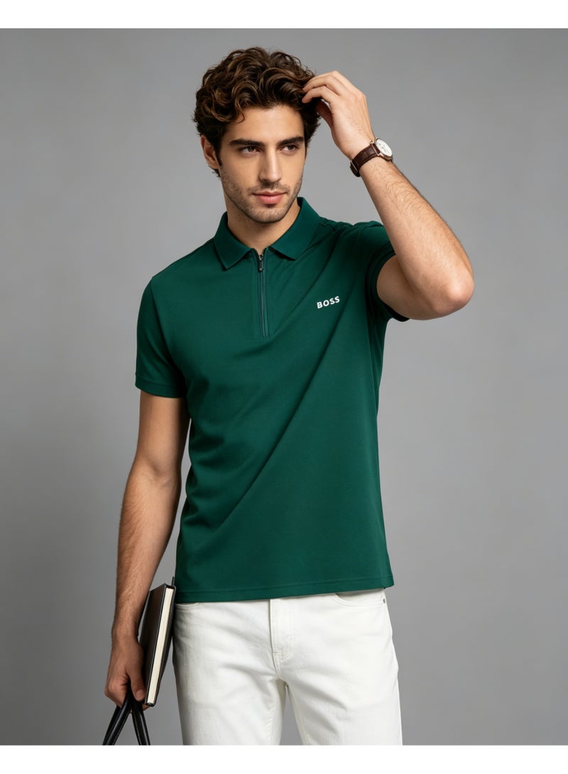 BOSS Men Half Zip Collar Short Sleeve Polo Shirt Smart Casual Daily Top Dark Forest Green - Image 5