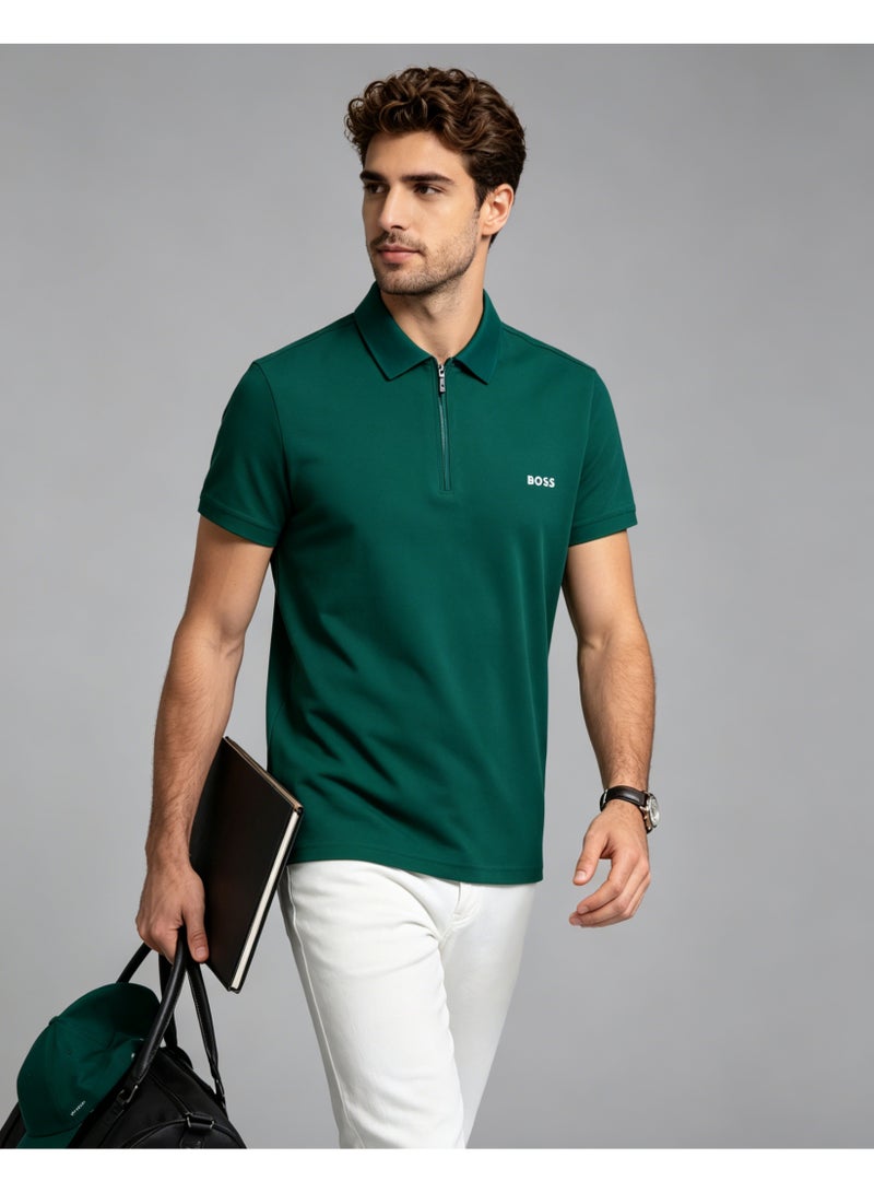 BOSS Men Half Zip Collar Short Sleeve Polo Shirt Smart Casual Daily Top Dark Forest Green - Image 2