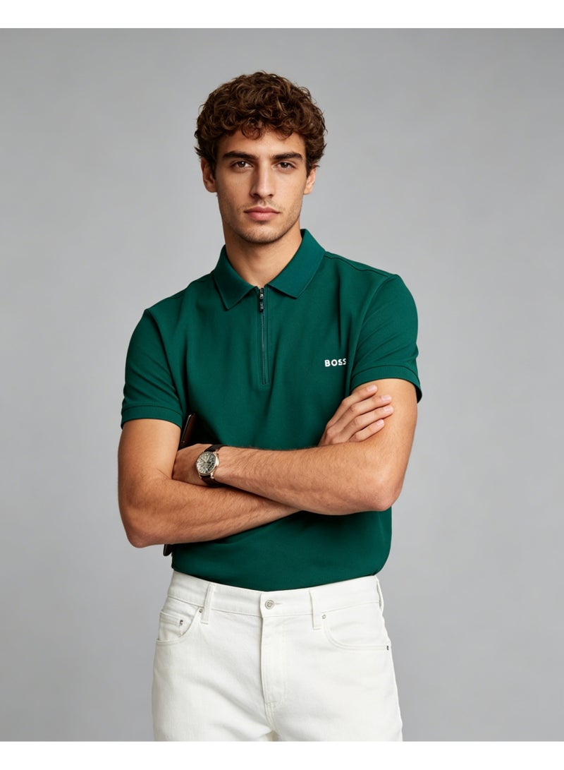 BOSS Men Half Zip Collar Short Sleeve Polo Shirt Smart Casual Daily Top Dark Forest Green - Image 4