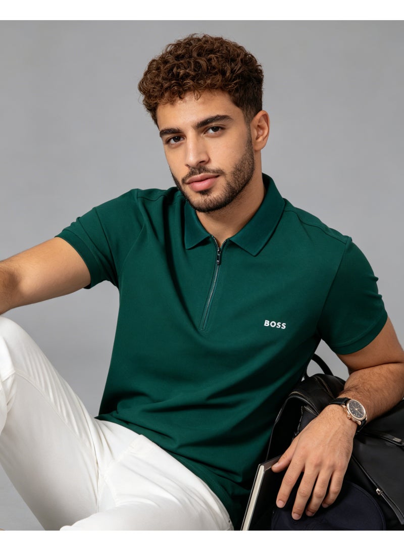 BOSS Men Half Zip Collar Short Sleeve Polo Shirt Smart Casual Daily Top Dark Forest Green - Image 3