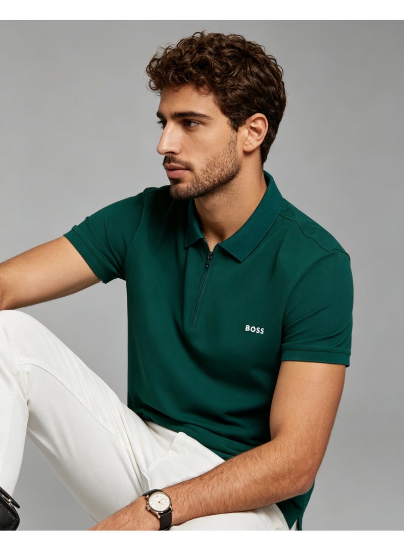 BOSS Men Half Zip Collar Short Sleeve Polo Shirt Smart Casual Daily Top Dark Forest Green - Image 1