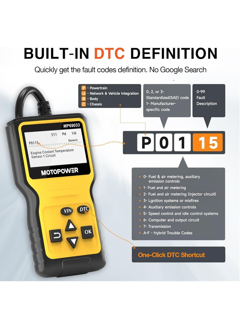 موتوباور جهاز فحص أعطال المحرك MP69033 OBD2 لقراءة الرموز وأداة فحص تشخيص CAN لجميع سيارات بروتوكول OBD II منذ عام 1996، باللون الأصفر - Image 4