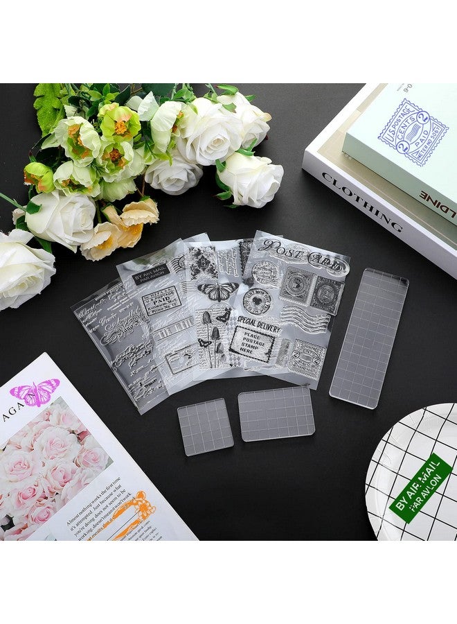 Yinder 4 Sheets Vintage Text Silicone Stamps Postage Clear Stamps Postcard Stamps 3 Pieces 3 Sizes Acrylic Sheet With Grid Lines For Card Making Photo Frame Scrapbooking Decor Diy Crafts - Image 3