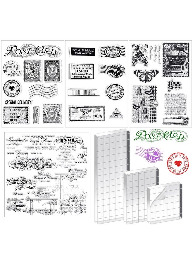 Yinder 4 Sheets Vintage Text Silicone Stamps Postage Clear Stamps Postcard Stamps 3 Pieces 3 Sizes Acrylic Sheet With Grid Lines For Card Making Photo Frame Scrapbooking Decor Diy Crafts - Image 1