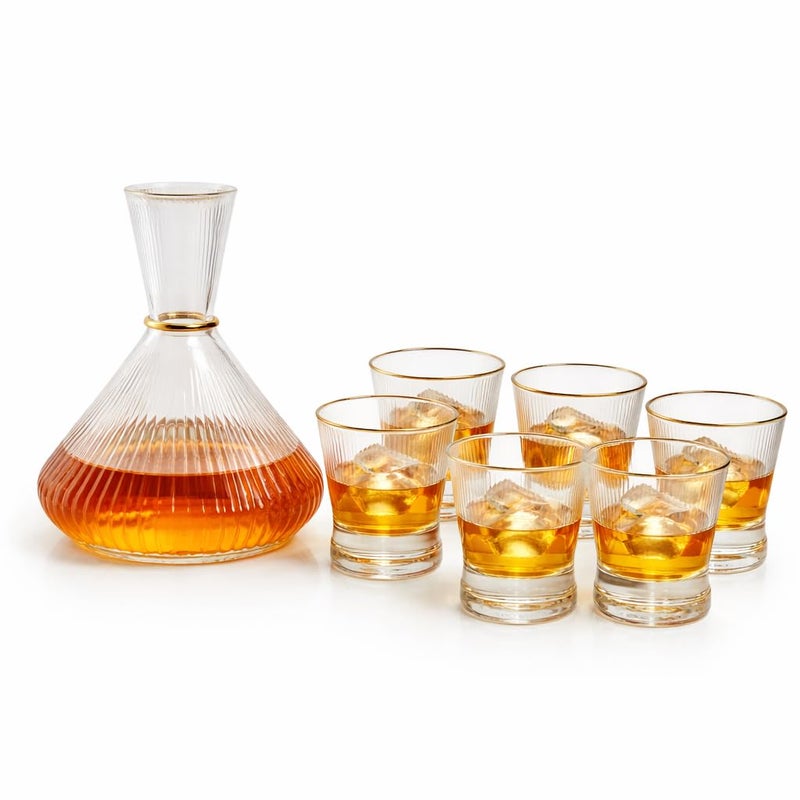 7-Piece Ribbed Glass Pitcher Set with Gold Ring, Elegant Water Pitcher and Juice Cups (6 Pieces), Leak-Resistant (Clear)
