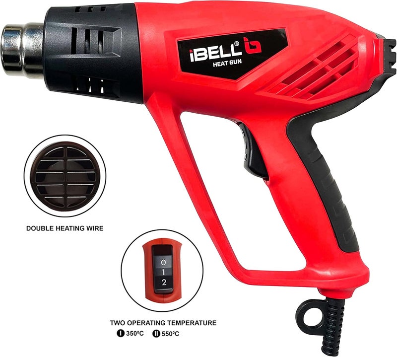 آي بيل IBL HG20-82C أداة الهواء الساخن 2000 واط، مسدس حرارة بدرجتي حرارة 350°C و 550°C، تدفق هواء 250 لتر/دقيقة و 550 لتر/دقيقة، مسدس هواء ساخن لإزالة الطلاء، انكماش PVC والأعمال اليدوية - Image 5